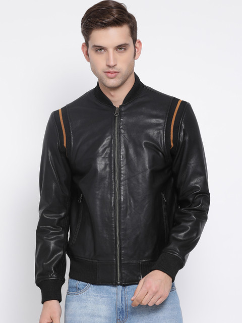

Justanned Men Black Solid Leather Jacket