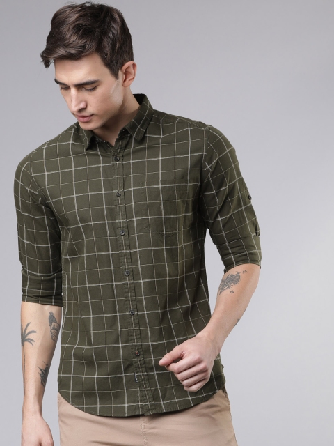Ecko Unltd Men Olive Green & White Slim Fit Checked Casual Shirt
