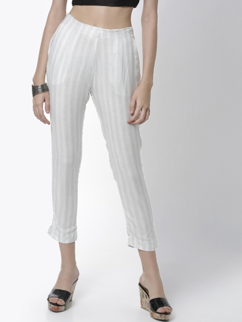 

De Moza Women Grey & White Skinny Fit Striped Cigarette Trousers