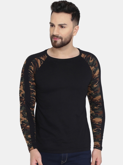 

KATSO Men Black Round Neck T-shirt with Camouflage Print Sleeves