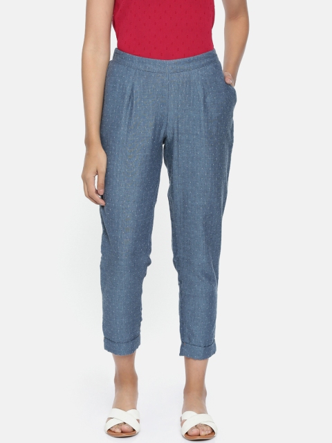 

Chumbak Women Navy Blue Tapered Fit Self Design Cigarette Trousers