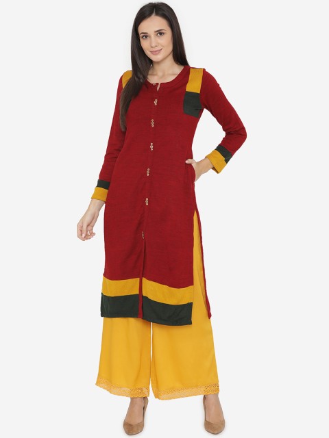 

Laabha Women Red & Yellow Colourblocked Knitted Woollen Straight Kurta