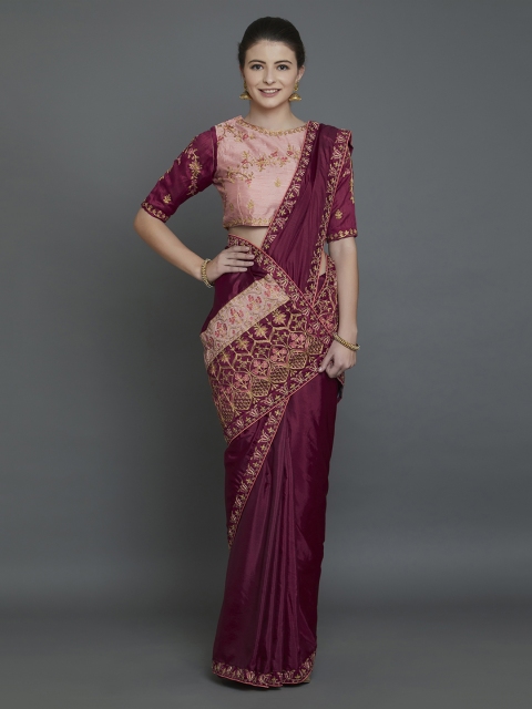 

Mitera Maroon & Gold-Coloured Silk Blend Embellished Banarasi Saree