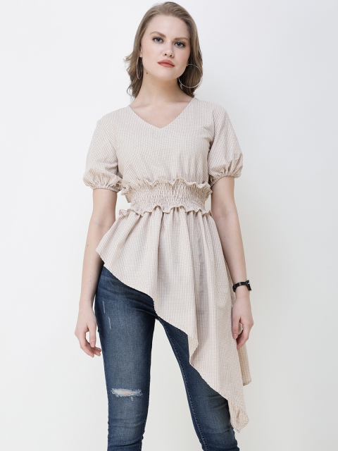 

Cation Women Beige Checked Cinched Waist Longline Pure Cotton Top