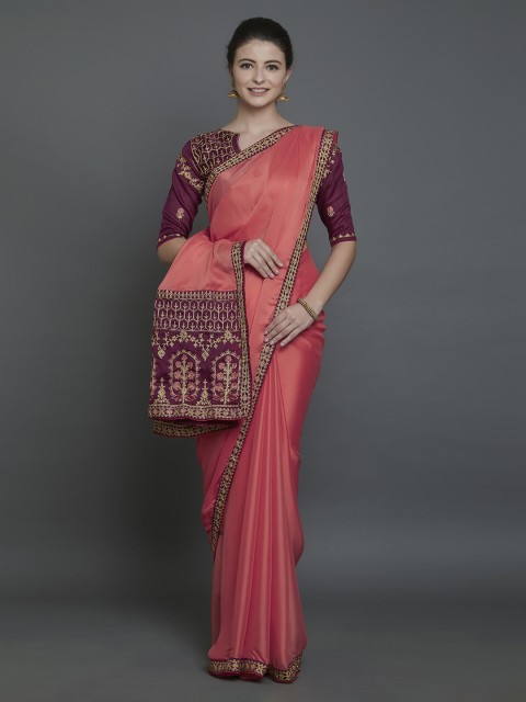 

Mitera Peach-Coloured & Gold-Coloured Poly Georgette Embellished Banarasi Saree