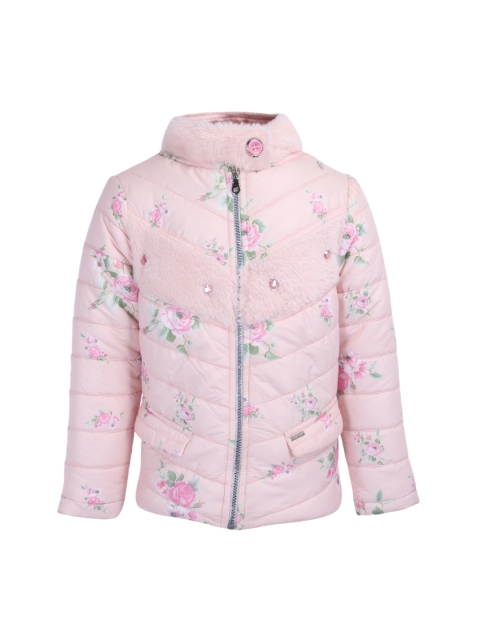 

CUTECUMBER Girls Peach-Coloured Floral Printed Padded Jacket