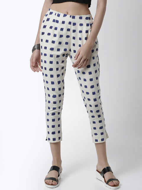 

De Moza Women Off-White & Blue Skinny Fit Printed Cigarette Trousers