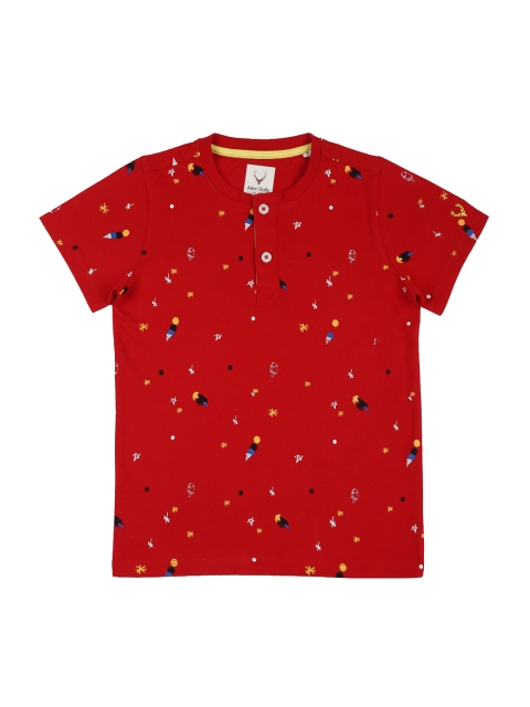 

Allen Solly Junior Boys Red White Printed Henley Neck Pure Cotton T-shirt