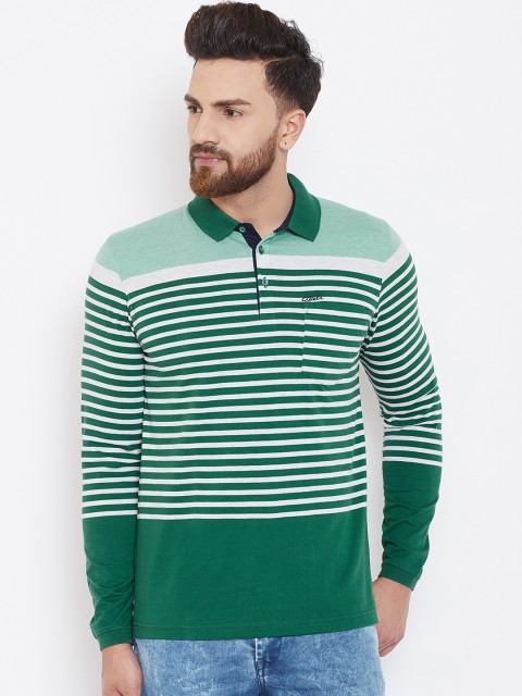 

Adobe Men Green & White Striped Polo Collar T-shirt