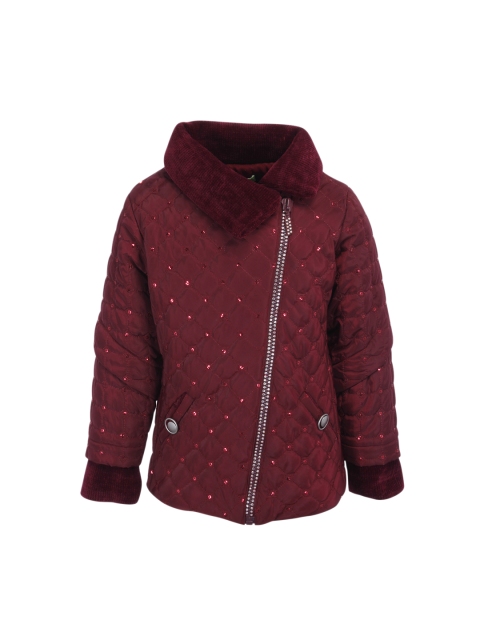

CUTECUMBER Girls Maroon Solid Embellished Quilted Jacket