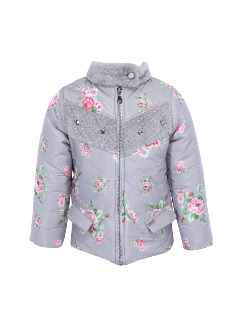 

CUTECUMBER Girls Grey & Pink Floral Printed Padded Jacket