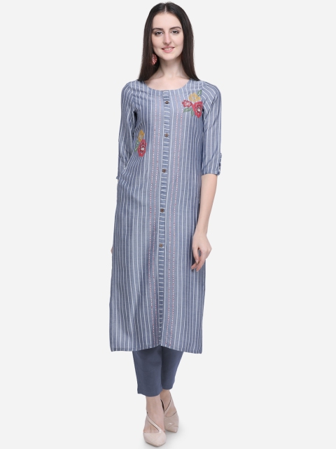 

Mirchi Fashion Women Blue Embroidered Straight Kurta