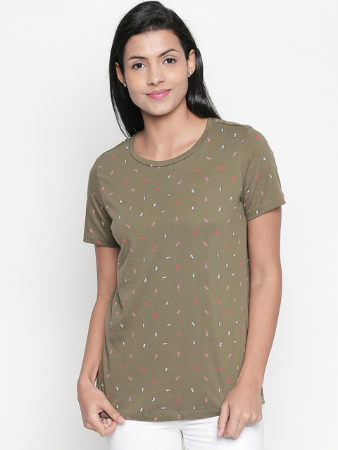 

Honey by Pantaloons Women Olive Green Printed Round Neck T-shirt