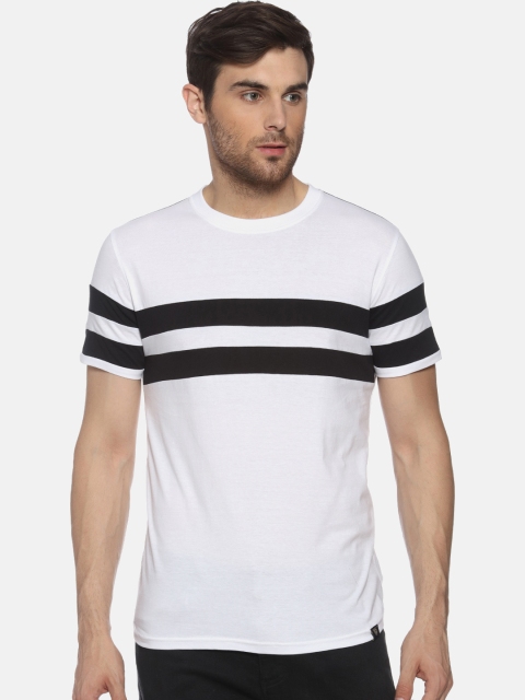 

FIDO DIDO Men White Striped Slim Fit Round Neck T-shirt