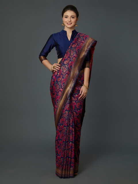 

Mitera Navy Blue & Pink Silk Blend Woven Design Banarasi Saree