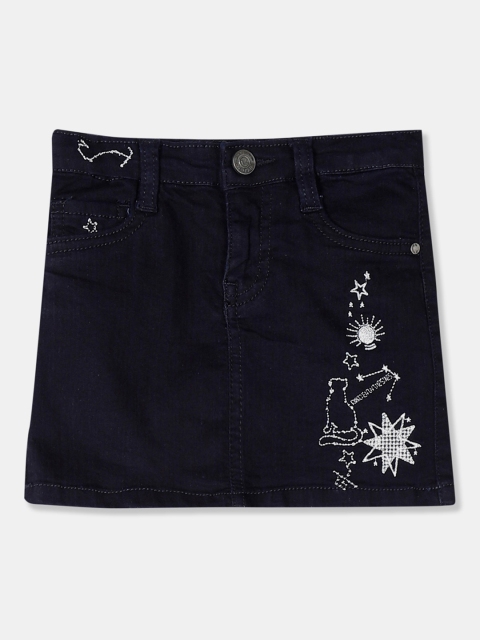

Cherokee Girls Navy Blue Embroidered A-Line Knee-Length Denim Skirt