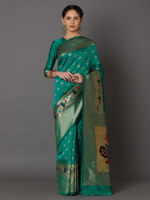

Mitera Teal Green & Gold-Toned Silk Blend Woven Design Kanjeevaram Saree