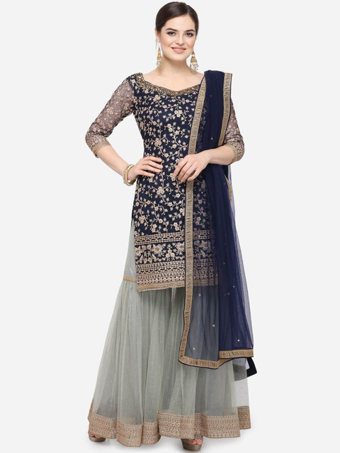 

Stylee LIFESTYLE Navy Blue Net Semi-Stitched Dress Material