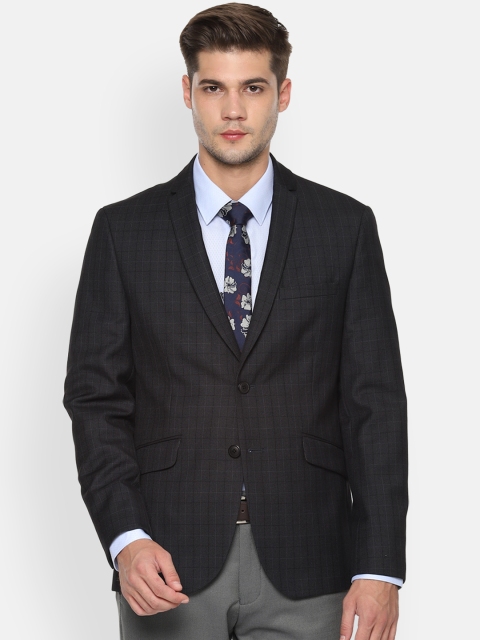 

V Dot Men Black Checked Single-Breasted Slim-Fit Blazer