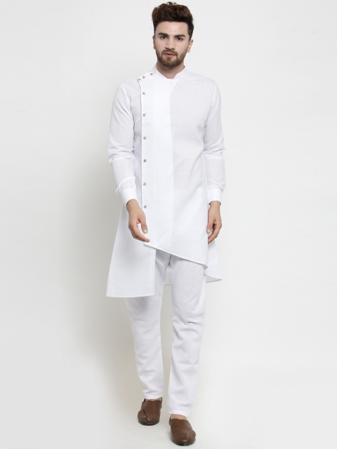 

TREEMODA Men White Solid Linen Kurta with Pyjamas