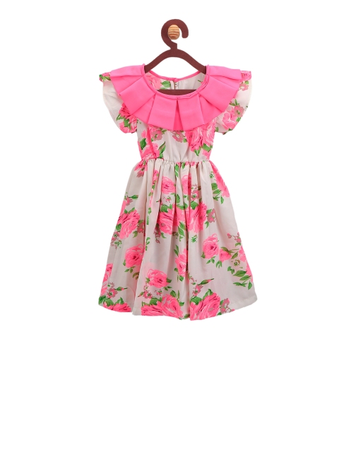 

LilPicks Girls Off-White & Pink Printed Fit and Flare Dress