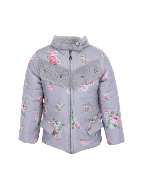 

CUTECUMBER Girls Grey & Pink Floral Printed Padded Jacket