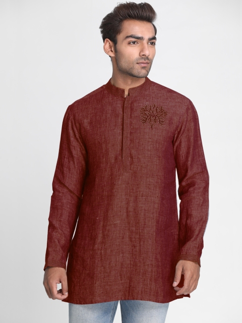

Nakshi Men Maroon Solid Straight Linen Kurta
