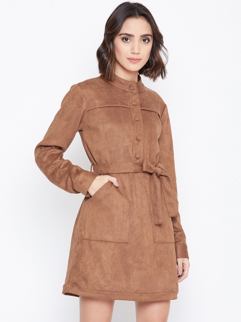 

Zastraa Women Brown Solid Suede Shirt Dress with Belt