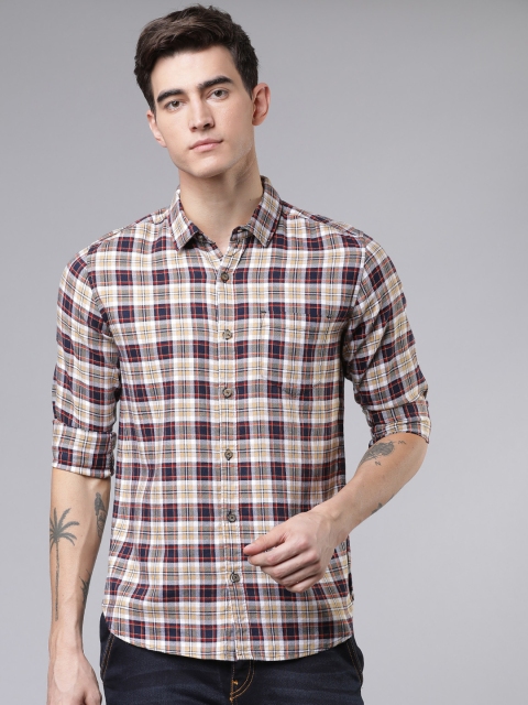 

HIGHLANDER Men Khaki & Navy Blue Slim Fit Yarn Dyed Checked Casual Shirt