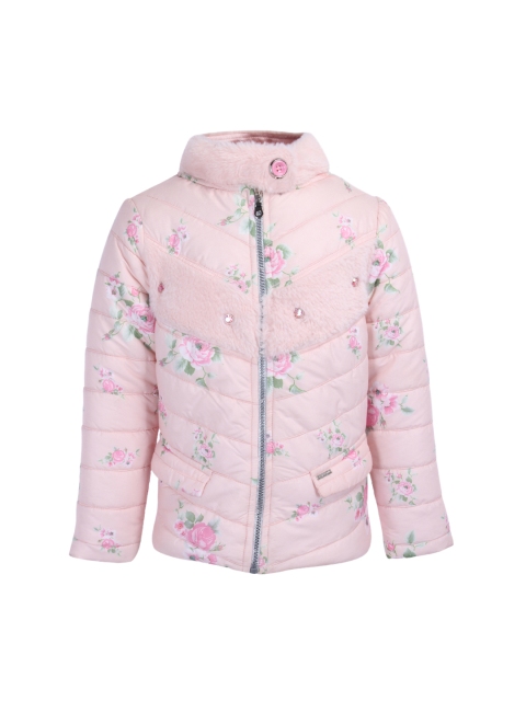 

CUTECUMBER Girls Peach-Coloured Floral Printed Padded Jacket