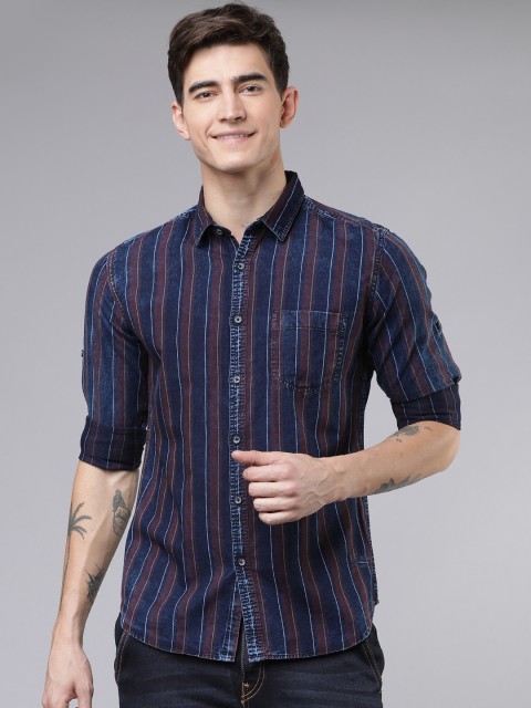 

Ecko Unltd Men Blue & Rust Brown Slim Fit Striped Casual Shirt