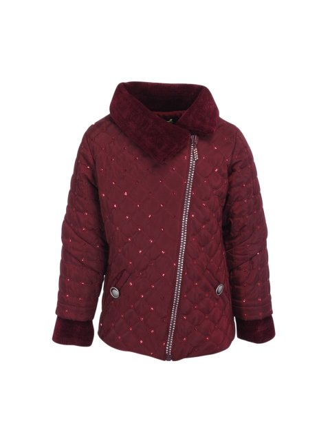 

CUTECUMBER Girls Maroon Solid Embellished Quilted Jacket