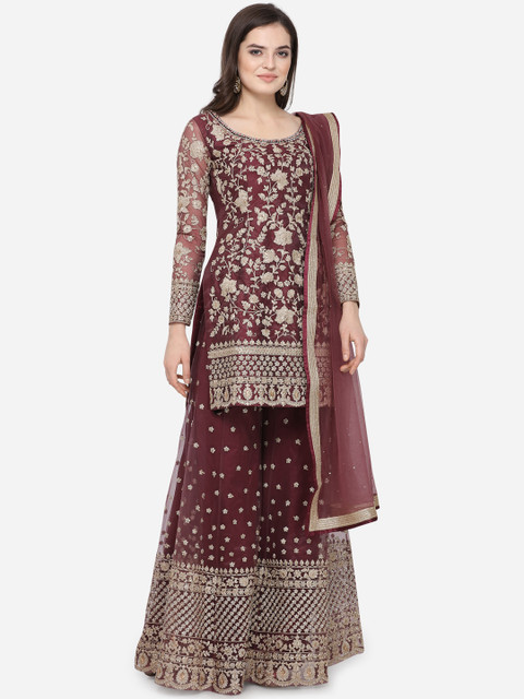 

Stylee LIFESTYLE Maroon Net Semi-Stitched Dress Material