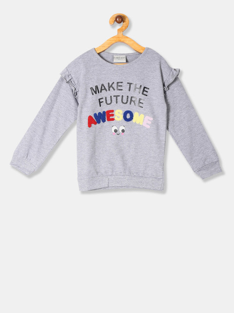 

Cherokee Girls Grey Melange Printed Ruffle Sleeve Sweatshirt