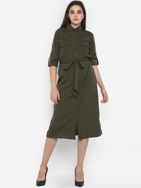 

Color Cocktail Women Olive Green Solid Shirt Dress