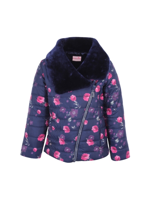 CUTECUMBER Girls Blue & Pink Floral Printed Padded Jacket, Navy blue
