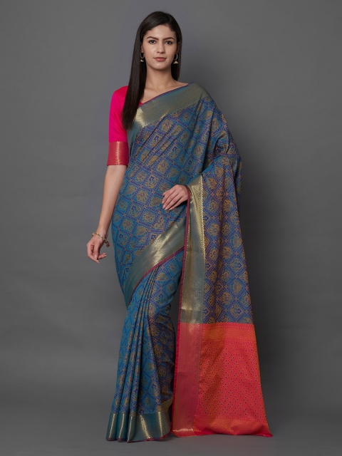 

Mitera Blue & Gold-Coloured Silk Blend Woven Design Banarasi Saree