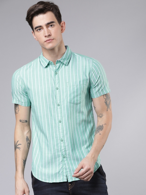 

HIGHLANDER Men Sea Green & White Slim Fit Striped Casual Shirt