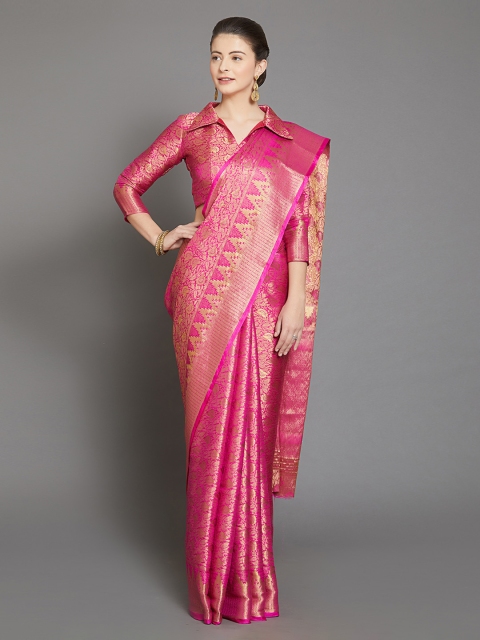 

Mitera Pink & Gold-Coloured Silk Blend Woven Design Banarasi Saree