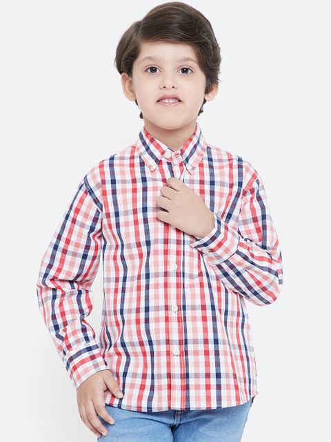 

KIDKLO Boys White & Red Regular Fit Checked Casual Shirt