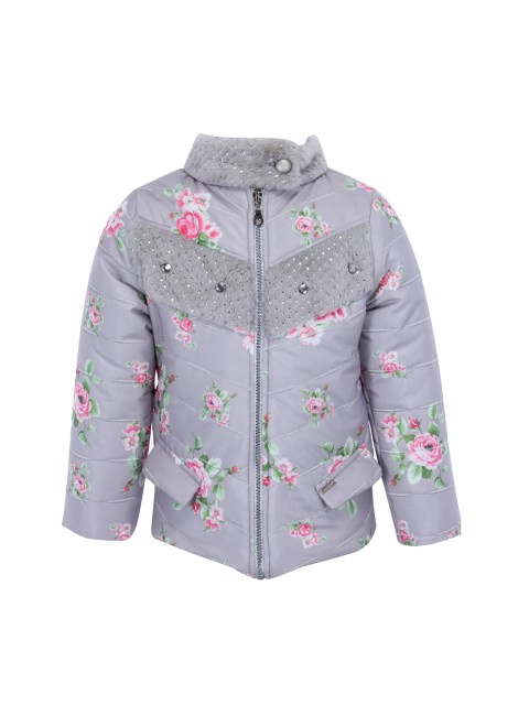 

CUTECUMBER Girls Grey & Pink Floral Printed Padded Jacket