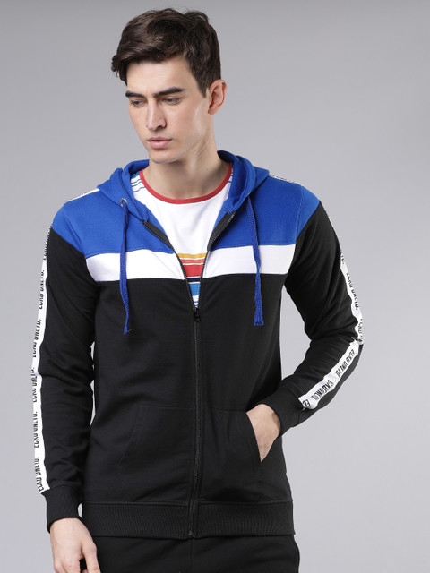 

Ecko Unltd Men Blue & Black Colourblocked Hooded Sweatshirt