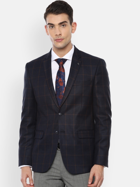 

Allen Solly Men Grey Checked Single-Breasted Slim-Fit Blazer, Navy blue