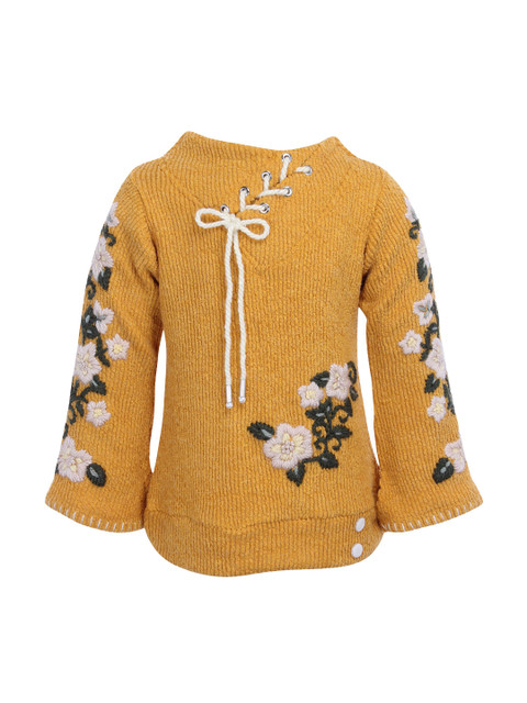 

CUTECUMBER Girls Mustard Yellow Floral Embroidered Top
