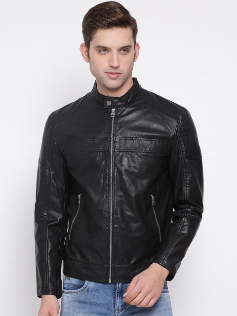 

Justanned Men Black Solid Leather Jacket
