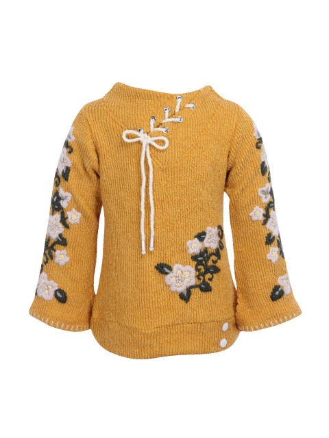 

CUTECUMBER Girls Mustard Yellow Floral Embroidered Top