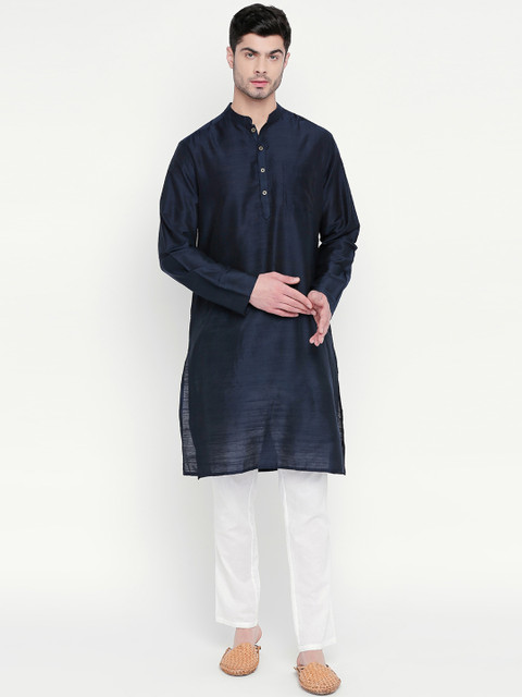 

indus route by Pantaloons Men Navy Blue Solid Straight Kurta