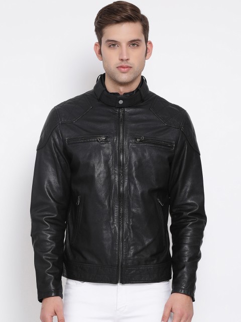 

Justanned Men Black Solid Leather Jacket