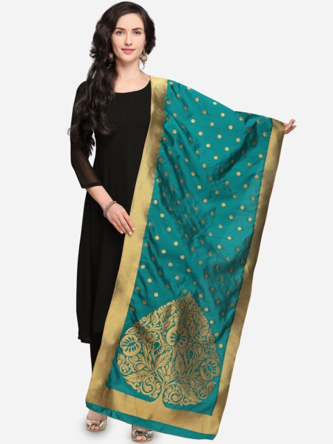 

mf Teal Blue & Gold-Toned Woven Design Banarasi Silk Dupatta