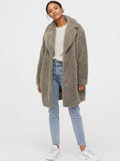 

H&M Women Green Solid Pile Coat
